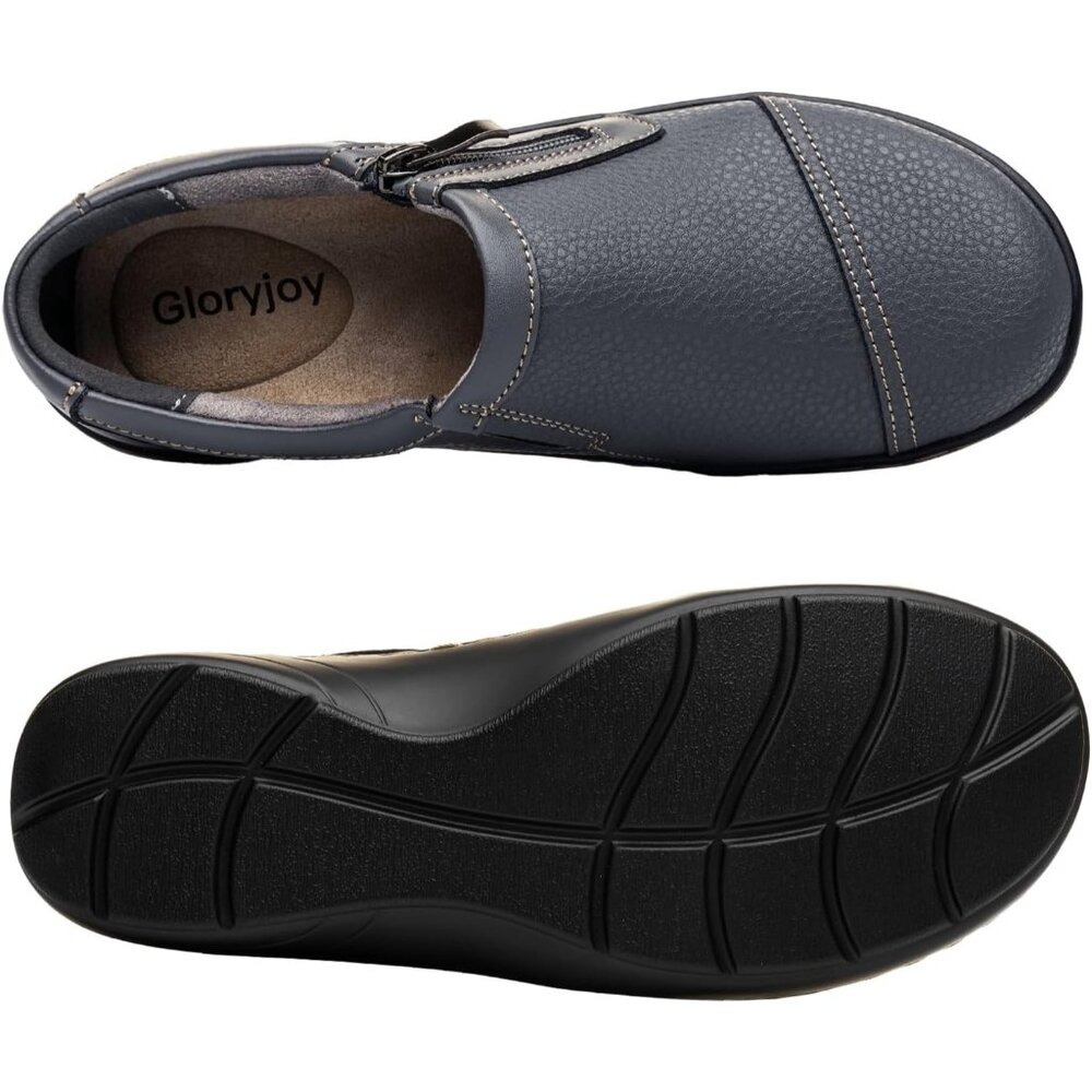 👑Women's Comfortable And Lightweight Grey Leather Loafers Casual Zipper Closure - Picture 9 of 9